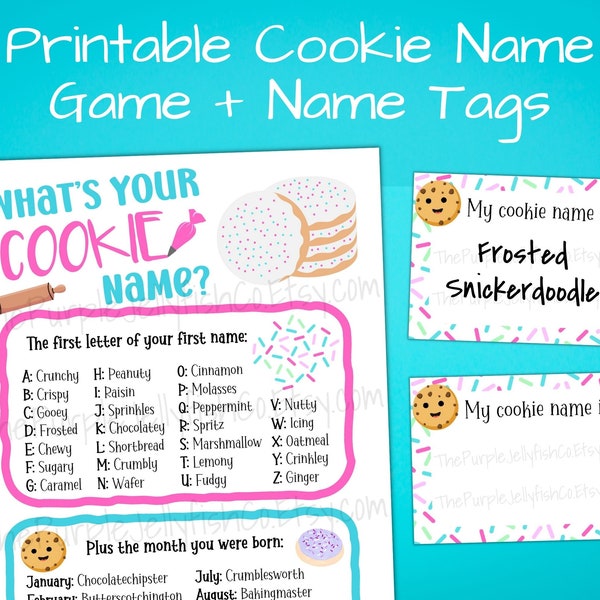 What's Your Cookie Name Game Sign and Name Tags, Cookies and Milk Birthday Party Activity Printable, Cookie Baking Gift Basket Idea, Decor