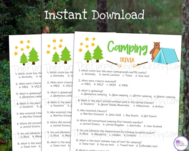 Camping Trivia Game, Camping Game Printable, Trivia Questions, Camping