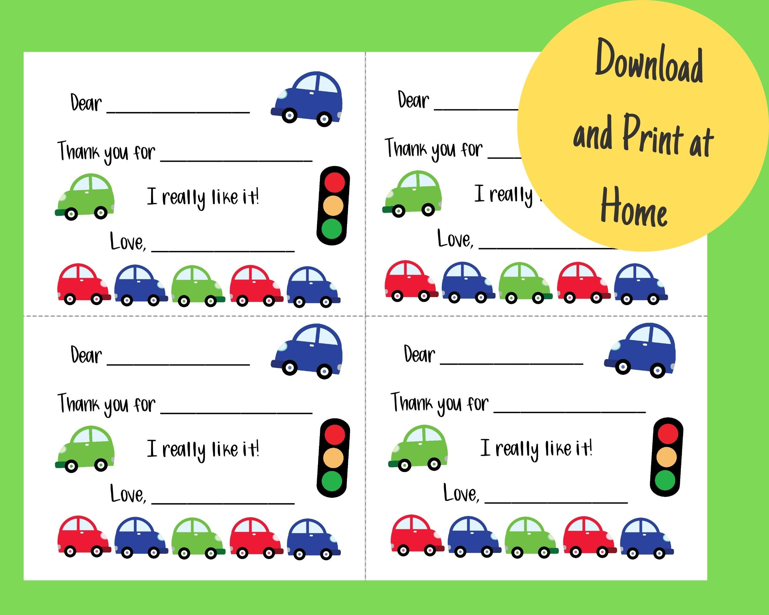 Printable Car Thank You Card for Kids, Fill in the Blank Postcard ...