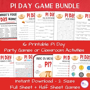 May include: A collection of 16 printable Pi Day party games and classroom activities. The image features various game sheets with titles like "Word Search," "Riddles & Jokes," and "Fill in the Blank." The text "Instant Download - 2 Sizes" is also visible.