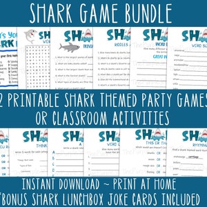 Shark Games Bundle, Shark Birthday Party Ideas, Shark Week Games, Shark Activities for Kids, Shark Themed Party Printables, Classroom Games