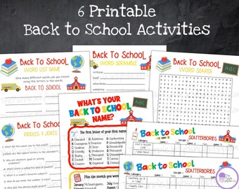 May include: Six printable back to school activity sheets featuring a schoolhouse, globe, and apple illustrations. The activities include a word list game, word scramble, word search, riddles and jokes, what's your back to school name, and scattergories.