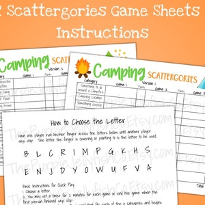 2 camping theme scattergories game sheets and instructions shown.