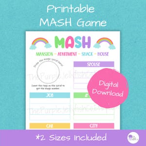 Könnte beinhalten: Ein druckbares MASH-Spiel mit farbenfrohem Design. Das Spiel zeigt das Wort "MASH" in Grün und Pink, mit Regenbogen- und Wolkenakzenten. Enthält Abschnitte für Villa, Wohnung, Hütte, Haus, Ehepartner, Beruf, Auto und Stadt. Digitaler Download.