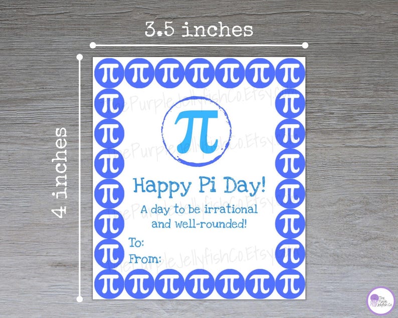 one pi day favor tag shown with measurements. each tag is 3.5 inches by 4 inches when cut.