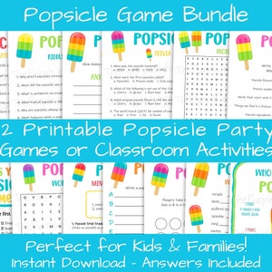 May include: A set of 12 printable popsicle party games or classroom activities. The games include word searches, trivia, riddles, and more. The games are perfect for kids and families and include answers.