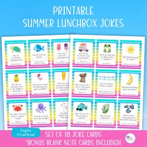 Peut inclure: Ensemble de cartes de blagues imprimables pour boîtes à lunch d'été. Les cartes présentent des illustrations colorées et des jeux de mots sur les créatures marines, la nourriture et les activités estivales. Comprend 18 cartes de blagues.