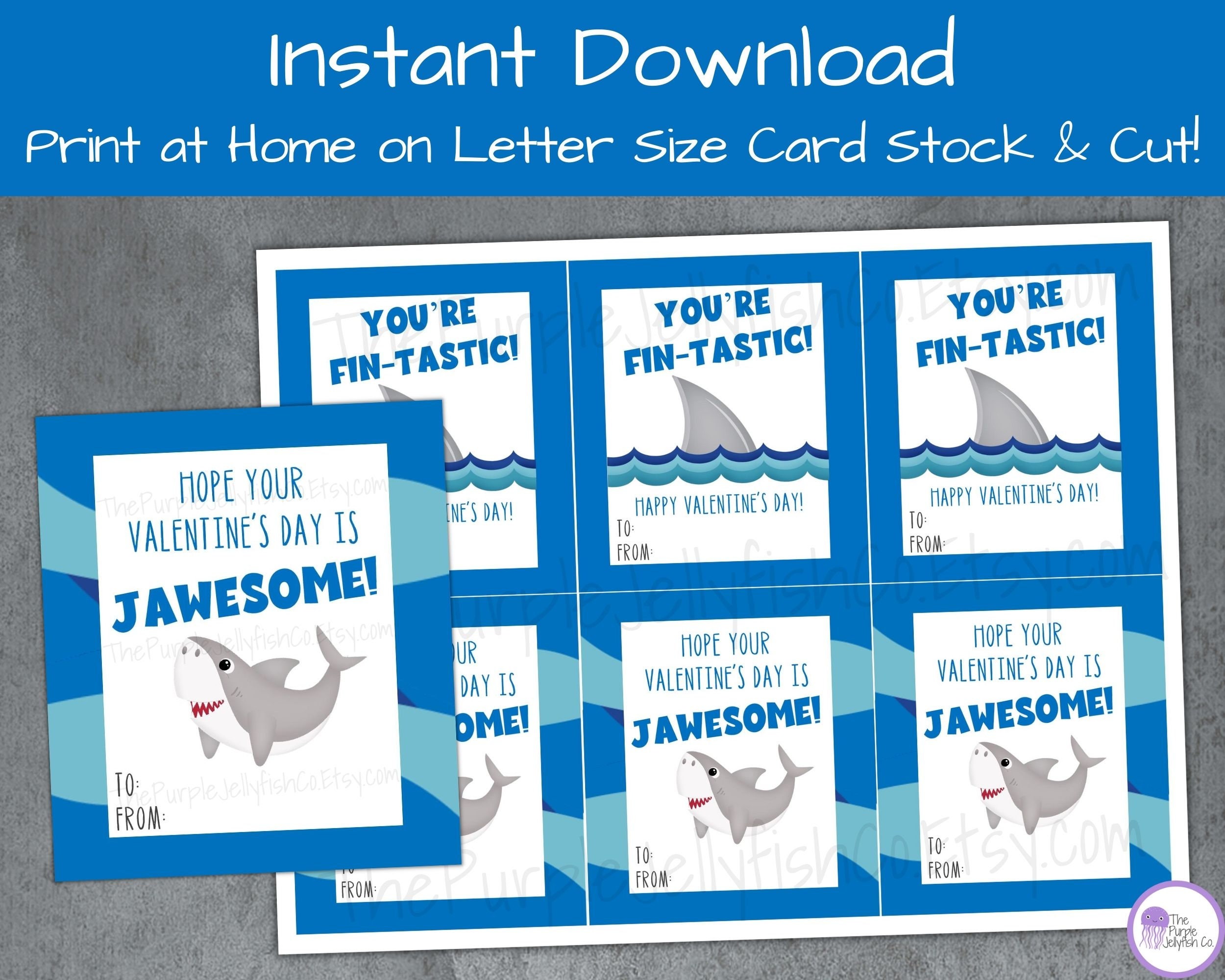 Shark Valentine Cards for Kids Printable, School Valentines for Class ...