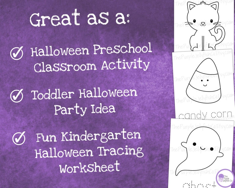 Great as a halloween preschool classroom activity, toddler halloween party idea, or as a fun kindergarten halloween tracing worksheet! 3 coloring pages shown to right with black cat, candy corn and ghost.