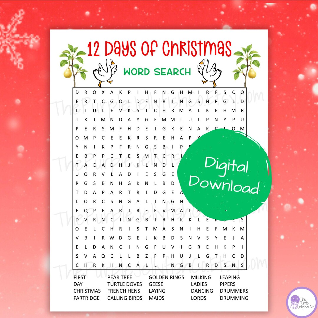 12 Days of Christmas Word Search Game, Christmas Printable Worksheets ...