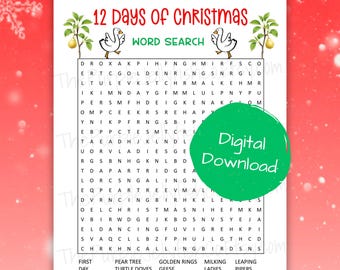 May include: A white paper with a Christmas-themed word search puzzle. The title "12 Days of Christmas" is at the top, with illustrations of pear trees and swans. A green circle with "Digital Download" is on the right.