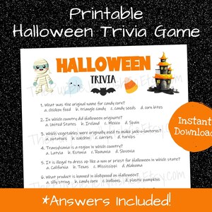 printable halloween trivia questions, instant download with answers. trivia game sheet has cute halloween themed clip art at top. fun halloween party idea, halloween activity for kids, teens & adults or halloween birthday party game!
