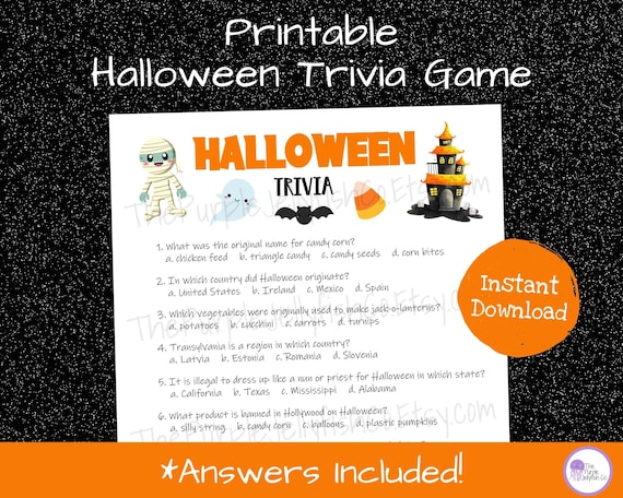 Halloween Trivia Game Printable, Halloween Party Games Trivia Questions, Halloween Quiz, Halloween Worksheet for Kids, Classroom Activity