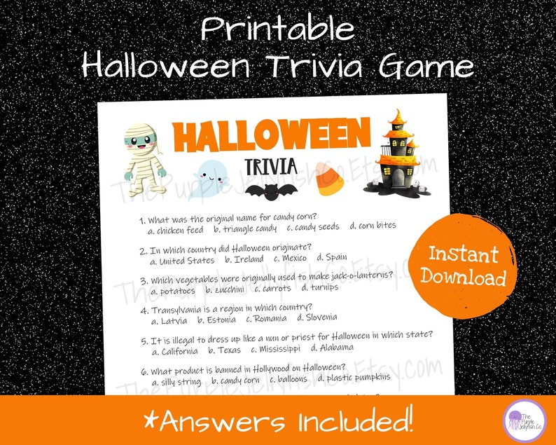 printable halloween trivia questions, instant download with answers. trivia game sheet has cute halloween themed clip art at top. fun halloween party idea, halloween activity for kids, teens & adults or halloween birthday party game!