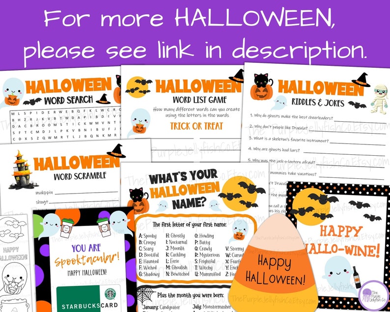 for more halloween items, please see link in description. Halloween word search puzzle, word list game, jokes, word scramble, halloween name game, halloween coloring bookmarks, halloween name game, halloween gift card holders + more!