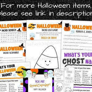 for more halloween items, please see link in description. halloween word search, word list game, jokes, word scramble, coloring pages, whats your ghost name game, halloween bookmarks, halloween name game, spooktacular coffee gift card holder + more!