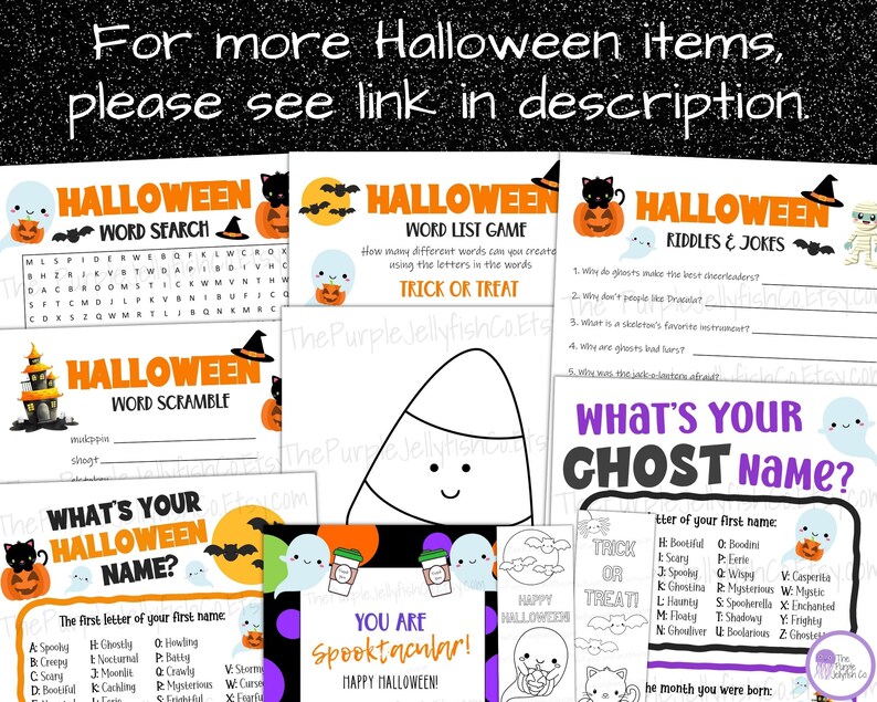 for more halloween items, please see link in description. halloween word search, word list game, jokes, word scramble, coloring pages, whats your ghost name game, halloween bookmarks, halloween name game, spooktacular coffee gift card holder + more!