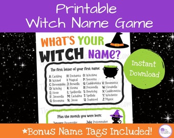Juego de "¿Cuál es tu nombre de bruja?", Juegos imprimibles para fiestas de Halloween, Decoración de brujas de Halloween, Ideas para fiestas de Halloween, Actividades de Halloween para niños