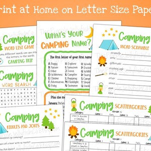 Print at home on letter size paper. All camping themed games shown.