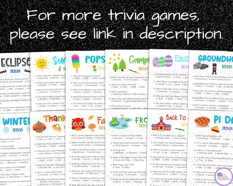for more trivia games, please see link in description. eclipse trivia, summer trivia, popsicle, camping, easter, groundhog day, winter, thanksgiving, fall, frog, back to school, pi day trivia + more!