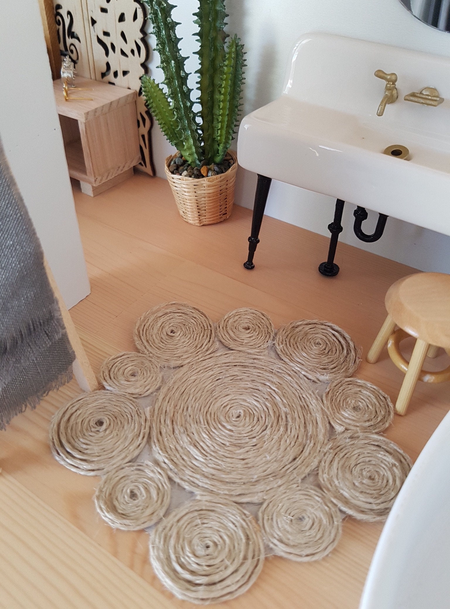 Modern Dollhouse Miniature Jute Floor Rug Floor Mat Flower Or Etsy