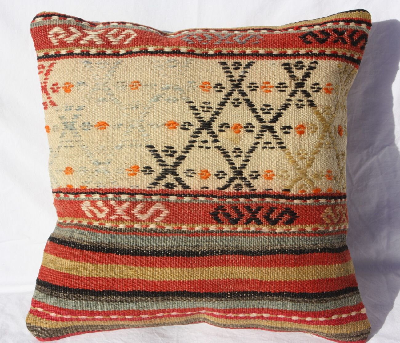 Kilim Rug Cushion Cover 16x16 Stripe Geometric kilim pillow Turkish Kilim Pillow 16 x 16 1147