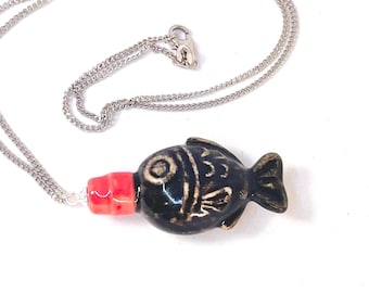 Handmade Ceramic Fish Pendant Necklace: Ceramic Jewelry, Fish Soy Sauce Bottle, Japanese Takeout