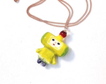 Handmade Ceramic Katamari Charm Necklace: Porcelain Charm, Ceramic Jewelry, Silver Necklace, Rose Gold Necklace, Prince Charm