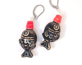 Handmade Ceramic Fish Earrings: Soy Sauce Fish Bottle Earrings, Ceramic Japanese Style Jewelry