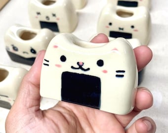 Handmade Ceramic Stoneware Cat Vase - Onigiri Rice Ball Design
