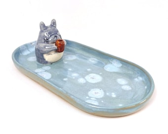 Handmade Ceramic Jewelry Dish: Oval Incense Stick Burner, Ring Dish, Trinket Dish, Cat Forest Spirit Ceramics