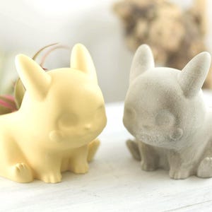 Puede incluir: Dos macetas de cerámica con forma de animal de dibujos animados. Una es de color amarillo claro, la otra gris. Cada una tiene orejas grandes y una cola pequeña. La maceta amarilla contiene una pequeña planta con hojas rosas y verdes.