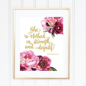 She Is Clothed In Strength And Dignity, Nursery Bible Verse, Proverbs 31:25, Christian Wall Art, Printable Wall Art, Nursery Art Print