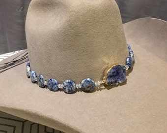 BLUE DRUZY HATBAND - Custom handmade beaded hat band