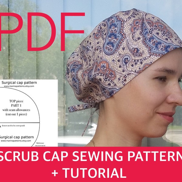 Surgical cap pattern, Scrub hat sewing pattern PDF, Scrub cap no elastic, Nurse hat pattern
