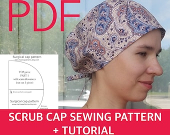 Surgical cap pattern, Scrub hat sewing pattern PDF, Scrub cap no elastic, Nurse hat pattern