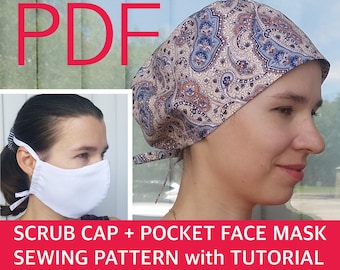 Scrub hat sewing pattern & Face mask pattern PDF Surgical cap pattern Face mask adults with nose wire and filter pocket