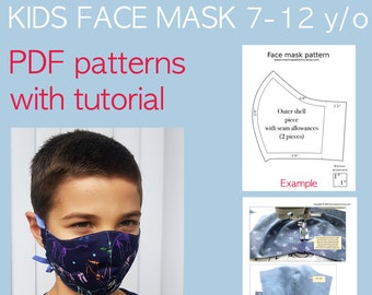 Kids face mask pattern pdf 7-12 y/o Face mask with filter pocket Fitted face mask pattern