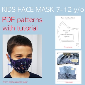 Kids face mask pattern pdf 7-12 y/o Face mask with filter pocket Fitted face mask pattern