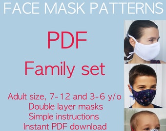 Fabric mask patterns Fabric face mask sewing pattern PDF Adult 3D face mask Kids mask patterns 3-6 / 7-12 yrs old