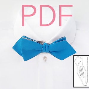 May include: A PDF pattern for a bow tie. The pattern is shown on a white shirt with a blue bow tie. The pattern includes instructions for making the bow tie.