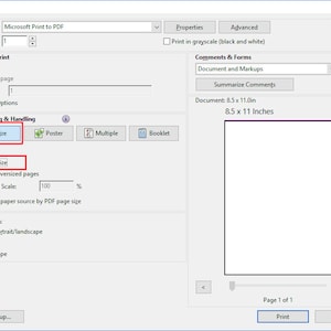May include: Screenshot of a print dialog box with options for printer selection, number of copies, and page range. The "Page Sizing & Handling" section includes options for size, fit, and actual size. The document size is 8.5 x 11 inches.
