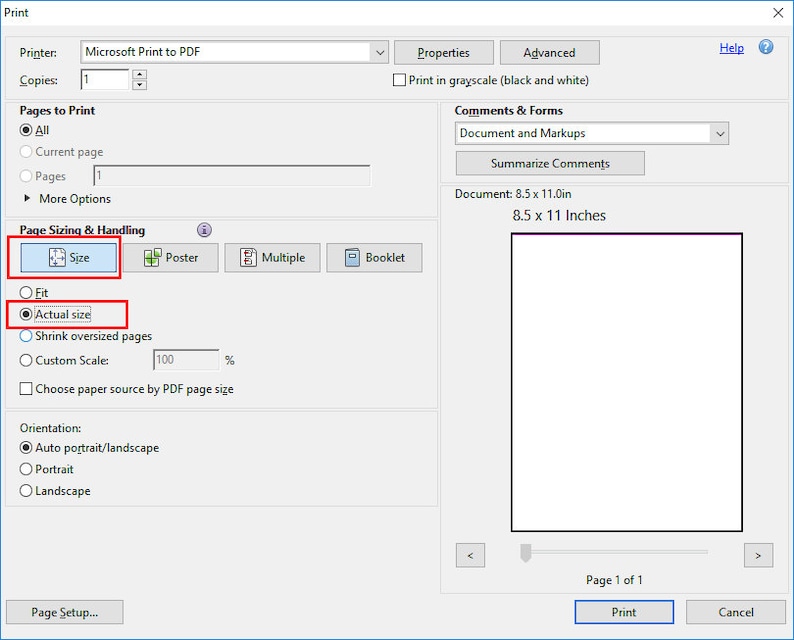 May include: Screenshot of a print dialog box with options for printer selection, number of copies, and page range. The "Page Sizing & Handling" section includes options for size, fit, and actual size. The document size is 8.5 x 11 inches.