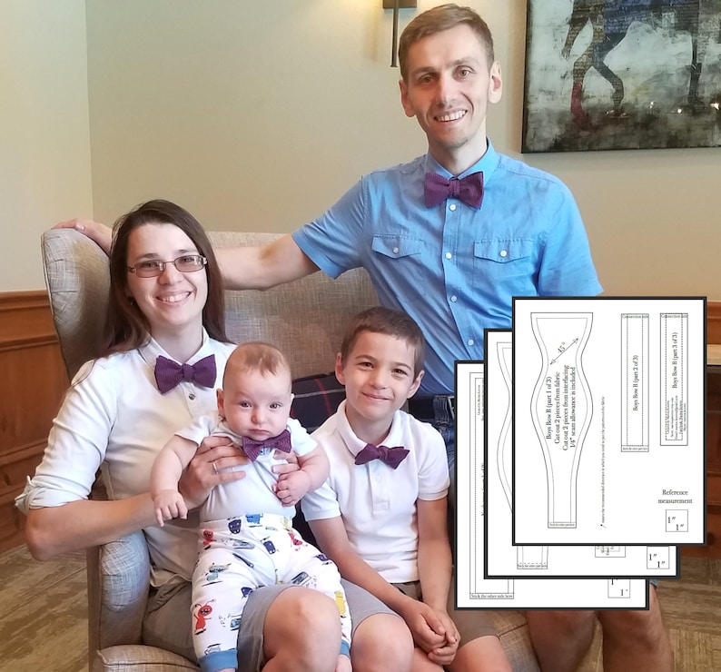 May include: A family of four wearing matching purple bow ties. The bow ties are made from fabric and have a simple design. The family is sitting on a beige couch. A pattern for making bow ties is visible in the background.