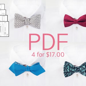 May include: Four bow tie patterns in PDF format. The patterns include a gray and white geometric pattern, a solid red bow tie, a solid blue bow tie, and a teal and black butterfly pattern. The text "PDF 4 for $17.00" is displayed below the bow ties.