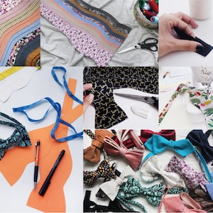 May include: A collection of colorful fabric bow ties, some with floral patterns, others with geometric designs. The bow ties are arranged on a white surface, with some of the fabric scraps and tools used to make them visible in the background.