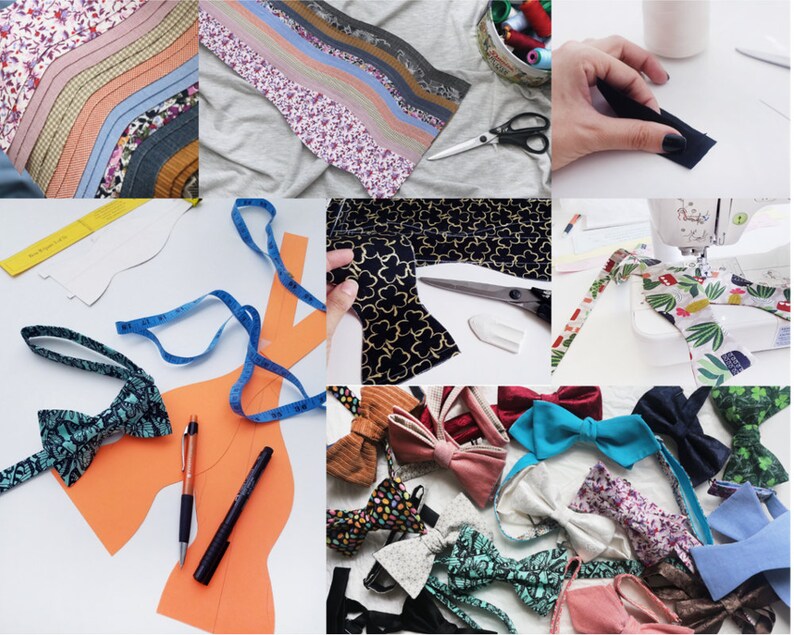 May include: A collection of colorful fabric bow ties, some with floral patterns, others with geometric designs. The bow ties are arranged on a white surface, with some of the fabric scraps and tools used to make them visible in the background.