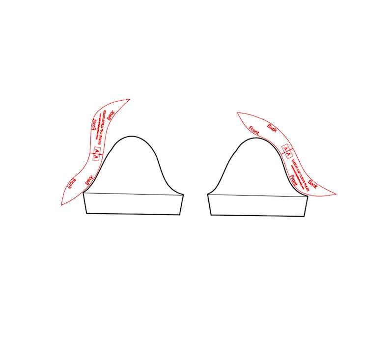 May include: A white background with two black line drawings of a sleeve pattern. Each pattern has a curved top and a rectangular bottom. Red text indicates "Front" and "Back" with additional text.