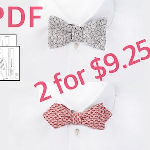 Op de afbeelding: Twee strikdaspatronen, een grijs met een geometrisch patroon en een rood met een geometrisch patroon. De tekst "2 voor $ 9,25" staat in grote roze letters.