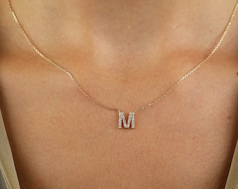 Christmas Gift For Her, Gift For Mom, 14K Solid Gold Diamond Initial Necklace, 14K Solid Gold Diamond Necklace